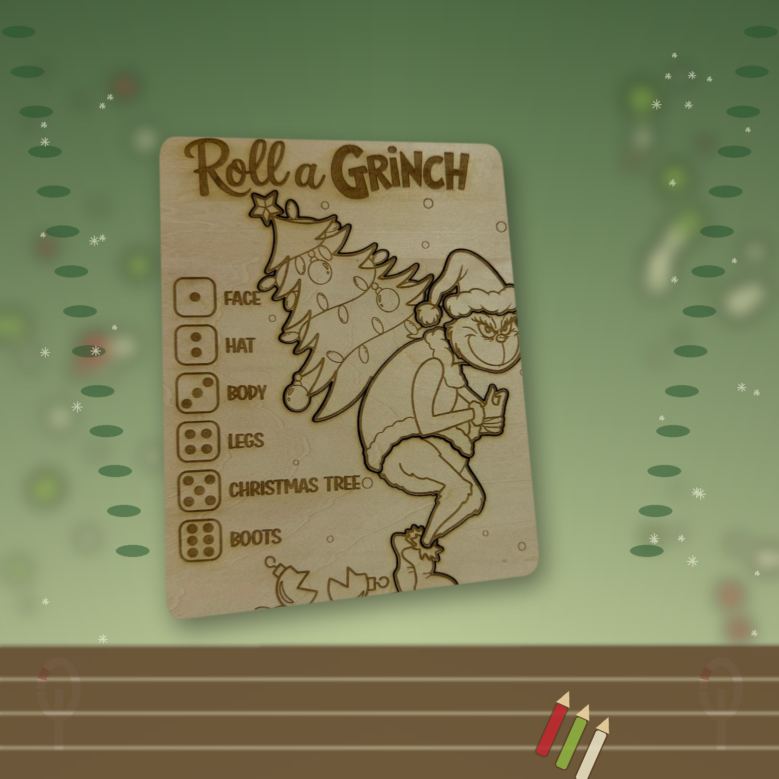 Roll a ....Christmas Grinch - Colour Your Own Wooden Roll-a-Character Puzzle Game – Children’s Festive Craft Activity