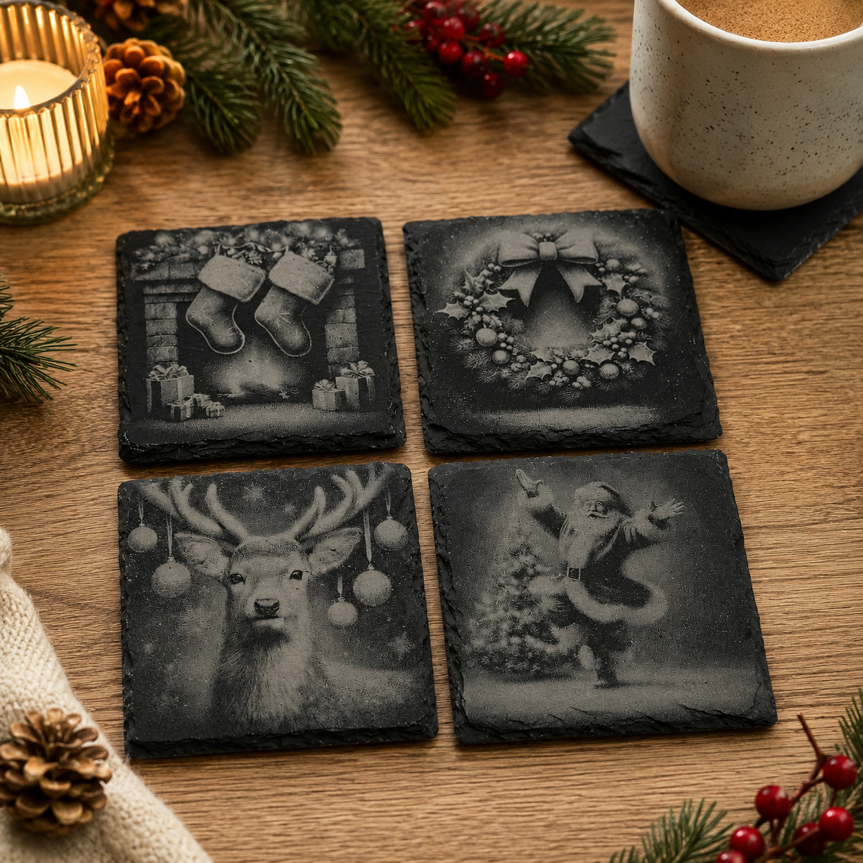 🎄 Set of 4 x 4" Christmas Slate Coasters – Festive Engraved Designs