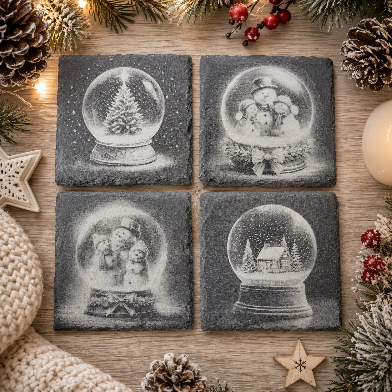 Christmas Snow Globe Engraved Slate Coasters – Set of 4 Festive Designs