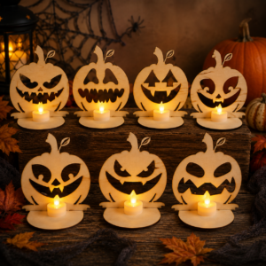 Set of 7 Wooden Halloween Pumpkin Candle Holders – Spooky Jack-O’-Lantern Decorations