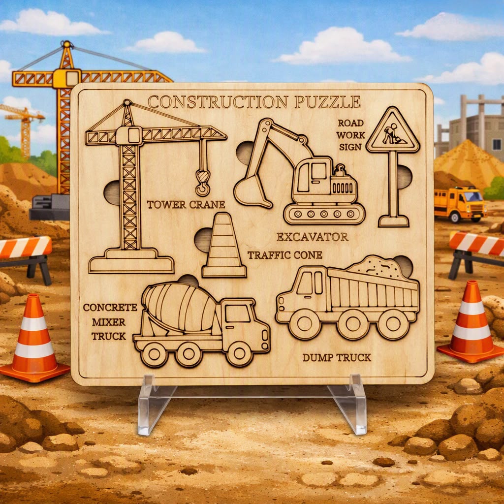 Construction Vehicle Colour-In Wooden Puzzle for Kids