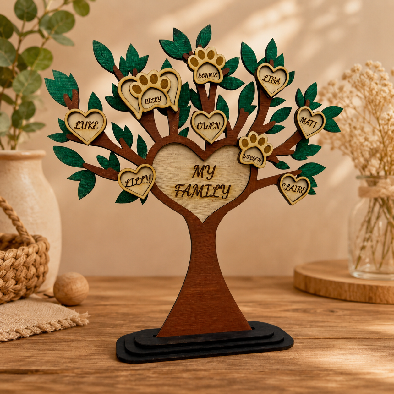 Personalised Wooden Family Tree – Up to 10 Human & Pet Names