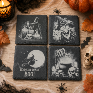 Halloween Witch Engraved Slate Coasters – Set of 4 Spooky Designs