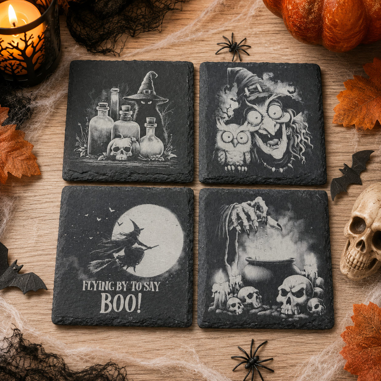 Halloween Witch Engraved Slate Coasters – Set of 4 Spooky Designs