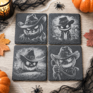Halloween Pumpkin Cowboy Engraved Slate Coasters – Set of 4 Spooky Designs
