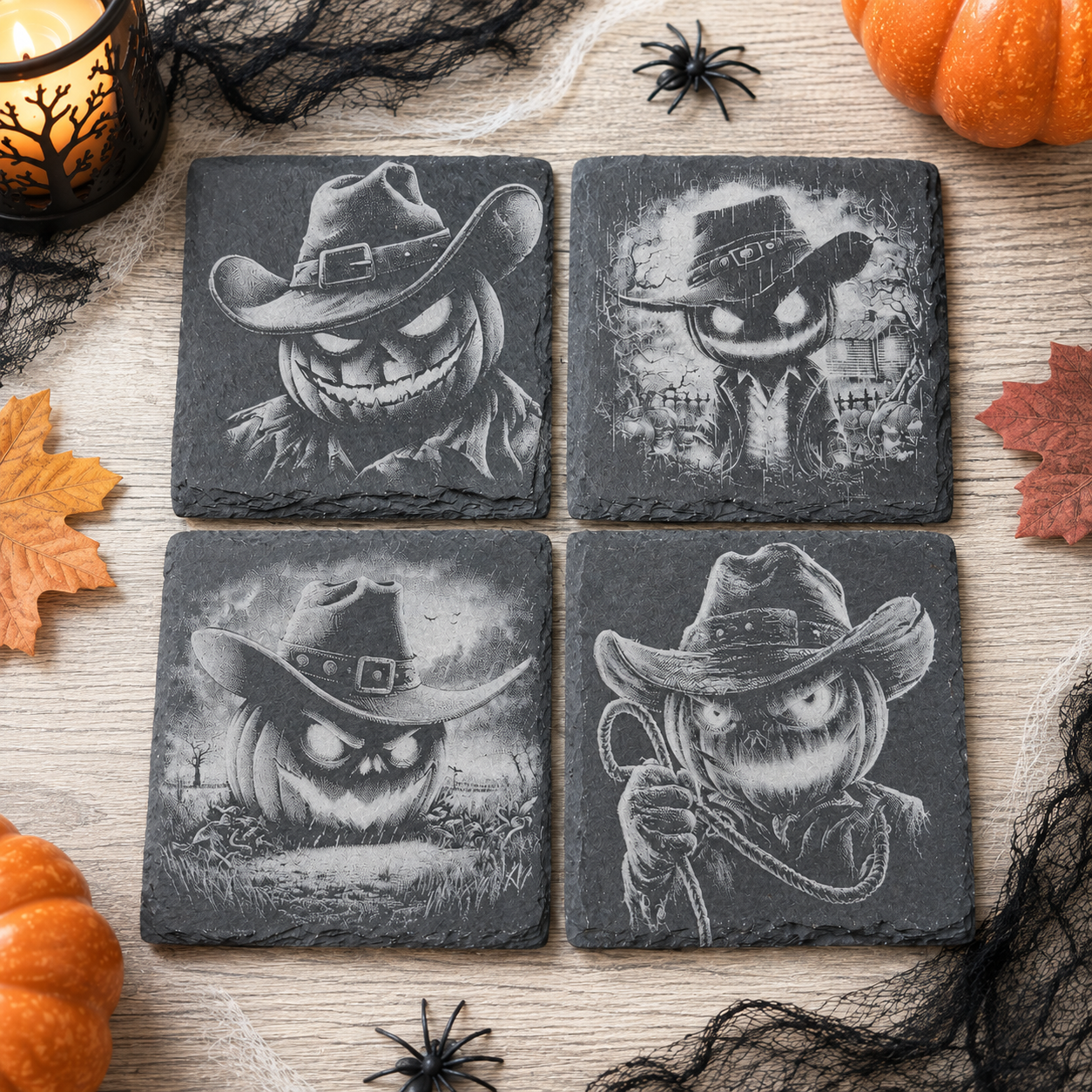Halloween Pumpkin Cowboy Engraved Slate Coasters – Set of 4 Spooky Designs